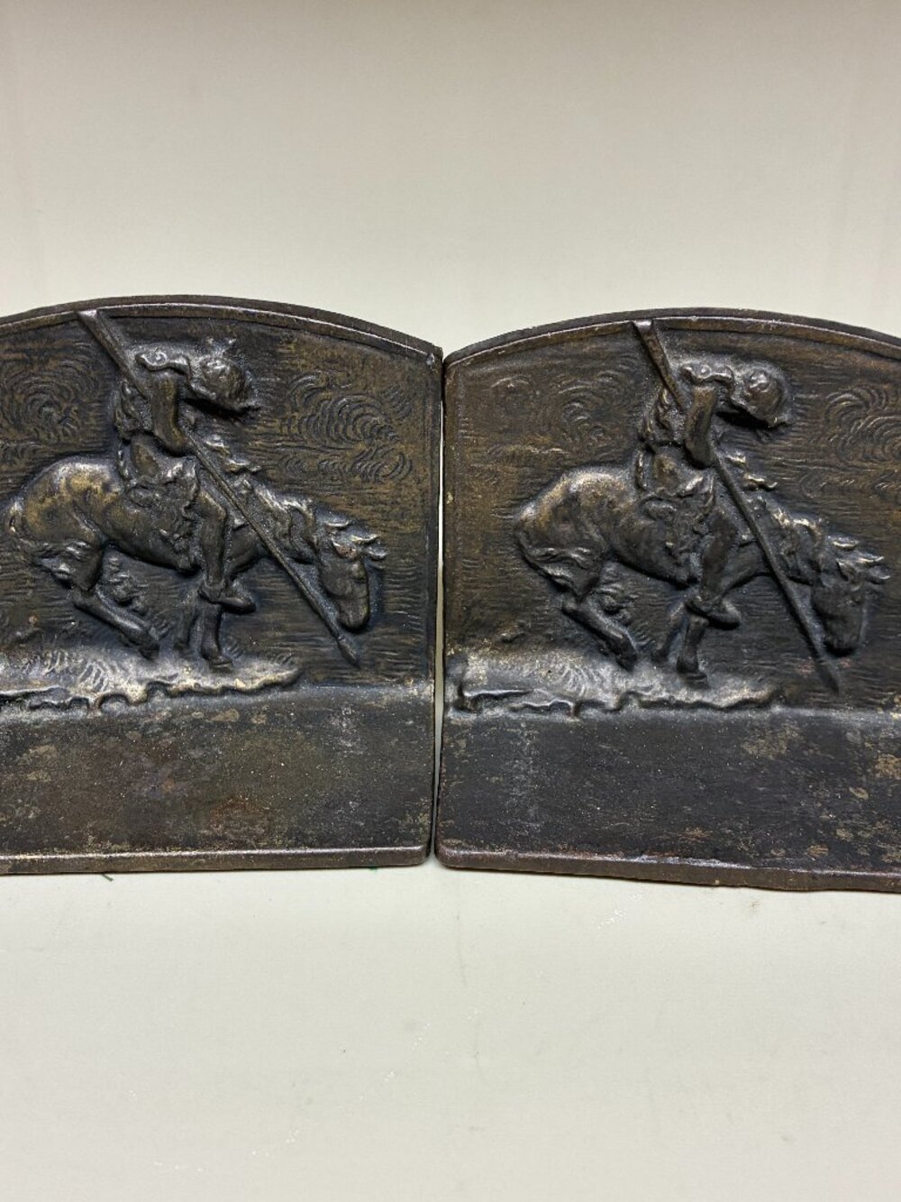 Vintage Cast Iron End of the Trail Bookends Bronze Finish Native American Horse